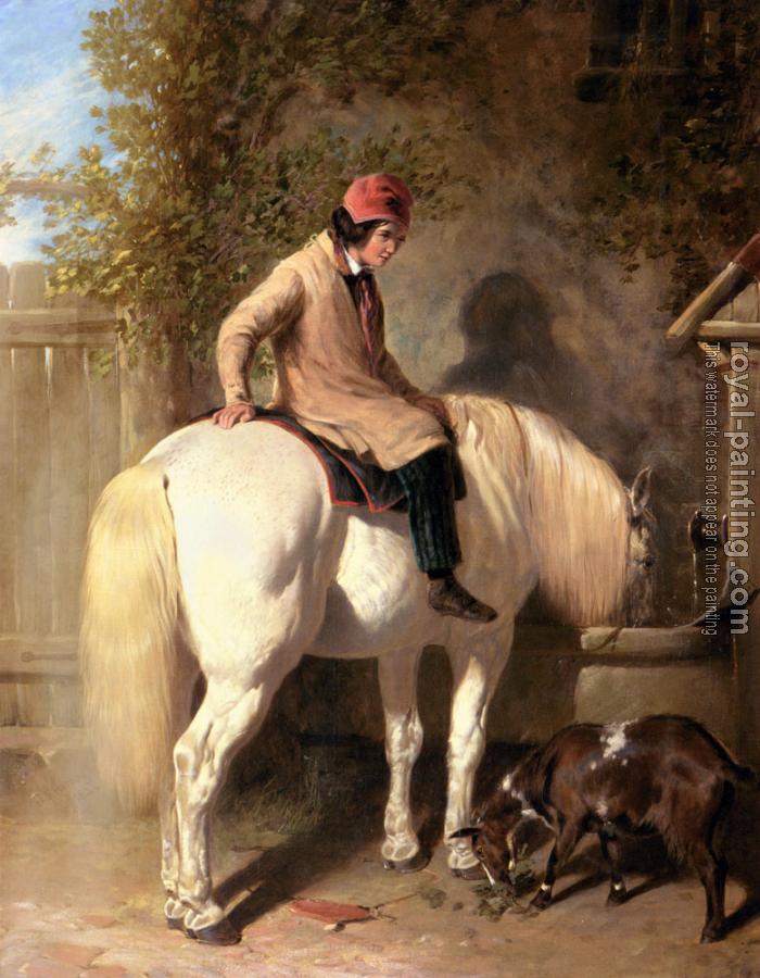 John Frederick Jr Herring : Refreshment, A Boy Watering His Grey Pony